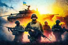 Ukraine Russia War, Soldiers Fight For Ukrainian Victory. Generative AI