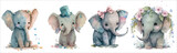Fototapeta Fototapety na ścianę do pokoju dziecięcego - Set of elephants with a wreath on their heads, a bow, a hat in watercolor style. Isolated vector illustration