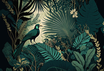 Poster - Tropical art nouveu, art deco leaf print design. Generative ai