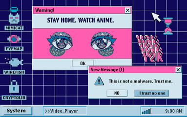 Poster - Screen of a computer with open tabs and a video player that shows anime. Vector illustration in collage vaporwave city-pop style.