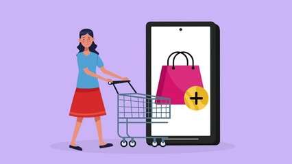 Poster - woman with shopping cart market animation