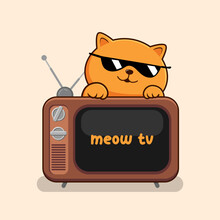 Orange Cat With Sunglasses Behind TV Waving Hand - Cute Orange Cat Above TV