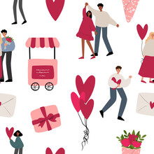Valentines Day Seamless Pattern, Heart Png Digital Paper, Couple Love Clipart, Valentines Day Party Clip Art, Vector Illustration In Flat Cartoon Style.