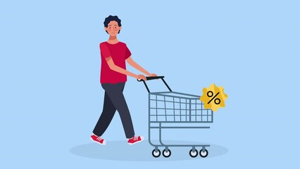 Wall Mural - man with shopping cart market animation