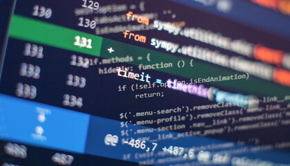 Abstract computer script about big data and blockchain database. Software developer programming code. Mining Cryptocurrency process program on display PC. Using Software.