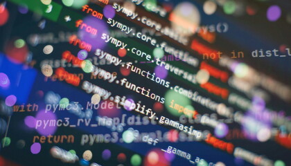 Abstract computer script about big data and blockchain database. Software developer programming code. Mining Cryptocurrency process program on display PC. Using Software.