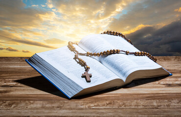 Wall Mural - Hopen holy bible and rosary on wooden table