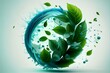 Leinwanddruck Bild - Freshness effect, blue air or wind flow with green leaves. Glow circle and swirls, wand trails, fresh menthol breath or detergent isolated on transparent background, Realistic 3d vector illustration