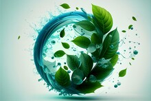 Freshness Effect, Blue Air Or Wind Flow With Green Leaves. Glow Circle And Swirls, Wand Trails, Fresh Menthol Breath Or Detergent Isolated On Transparent Background, Realistic 3d Vector Illustration