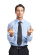 Anger, frustrated and portrait of a businessman with a middle finger on a white background. Angry, arrogant and executive man with a mean, aggressive and bad hand sign on a studio background