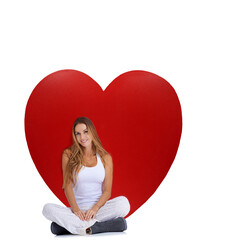 Poster - Heart, love and portrait of relax woman with big red object, romantic product or emoji icon for Valentines Day holiday. Beauty, happy smile and model girl with studio care symbol on white background