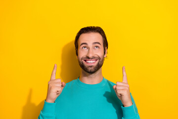 Wall Mural - Photo of handsome attractive toothy beaming smile guy look direct fingers up new whitening medicine clinic promo isolated on yellow color background
