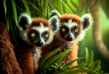 Wall Mural - Two madagascar's lemurs sitting on a tree. Generative Ai Art.