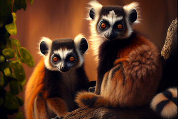 Wall Mural - Two madagascar's lemurs sitting on a tree. Generative Ai Art.