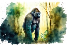 Cute Gorilla Standing In The Middle Of The Forest. Watercolor Painting. Generative AI
