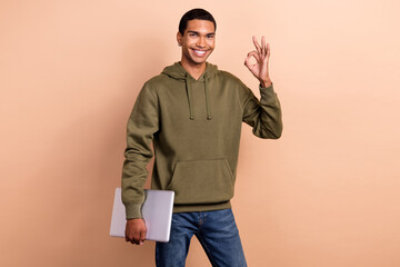 Poster - Photo of young successful worker young manager guy wear khaki hoodie show okey sign recommend laptop copywrite isolated on beige color background