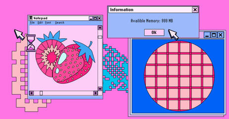 Poster - Collage of a user interface elements in acid neon colors. Vector illustration for programming and IT subjects.