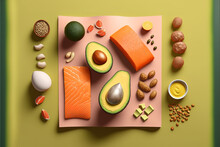 Keto Diet Concept - Salmon, Avocado, Eggs, Nuts And Seeds, Bright Green Background, Top View