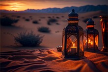 Romantic Evening In The Desert On The Sand. Evening Sunset, Lanterns, Flowers And Candles. Night Desert Landscape, Rest. AI