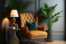 Living Room Interior.Armchair,pillow,lamp And Table With Plant In Art Deco Style Or Modern Classic.3d Rendering
