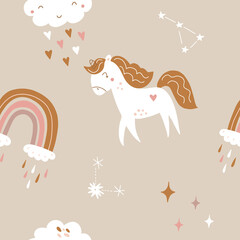 Wall Mural - Seamless repeating pattern with cute unicorns on a white background. Vector illustration for fashion fabrics, textile graphics, prints, etc.