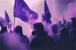 Feminist protest demonstration in purple hues with blurry silhouettes, generative AI