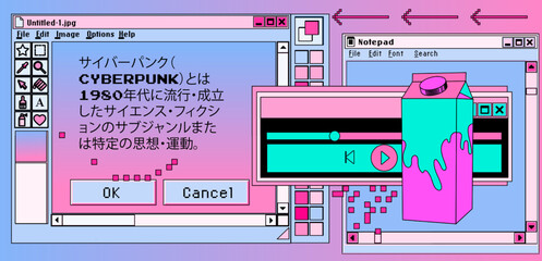 Poster - Collage of a user interface elements in acid neon colors. Vector illustration for programming and IT subjects.