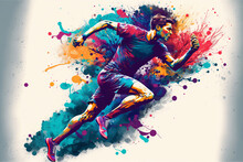 AI Generated Picture Of Side View Of Young Male Athlete In Activewear And Sneakers Running Fast Against White Background With Colorful Stains Of Aquarelle