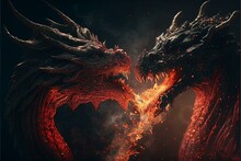 Couple Red Dragon Breathing Fire. Mythology Dragon Creature Dark Fantasy Illustration Ideas Created With Generative Ai