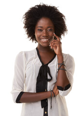 Wall Mural - Beauty, black woman and model portrait feeling happiness with smile and white background. Isolated, calm and happy smiling of a person with curly afro hair confident and beautiful with mock up