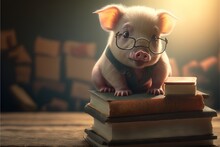  A Pig With Glasses Sitting On Top Of A Stack Of Books On A Table Next To A Stack Of Books With Stacks Of Books Behind It And A Blurry Background Of Books Behind It.  Generative
