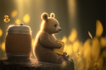 Wall Mural -  a bear sitting on a stump with a honey jar and a honey jar in front of it, with a yellow background and a yellow flowered background, with a yellow light, a.  generative
