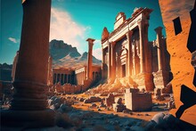  A Digital Painting Of A Desert With Ruins And Pillars In The Foreground And A Mountain In The Background With A Blue Sky In The Background With A Few Clouds And A Few Light From.  Generative