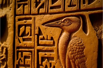 Canvas Print -  a close up of a bird on a wall with egyptian writing on it's sides and a bird on the other side of the wall with a bird on it's head and a.  generative