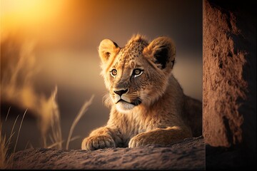 Poster -  a young lion cub sitting on a rock looking out at the camera with a blurry background of grass and dirt in the foreground, with a yellow light shining on the top of the.  generative