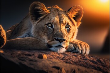  a lion laying on a rock with the sun in the background and a blurry background behind it, with a black background and a yellow light shining on the top of the lion's head.  generative