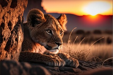 Poster -  a cheetah sitting on a rock in the sunset with a sunset in the background and a mountain in the distance with a sun setting behind it and a rock wall with a small.  generative