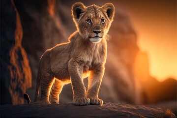 Poster -  a lion cub standing atop a rock at sunset, with a blurred background The cub is illuminated by the warm light of the setting sun, creating a beautiful and serene a