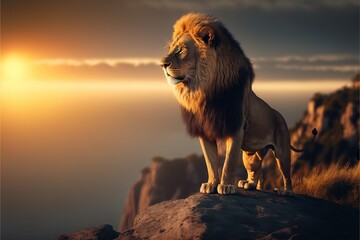 Poster -  a lion standing on a rock in the middle of a sunset scene with a mountain in the background and a sunbeam in the sky above it, with a cloudless sky and a.  generative