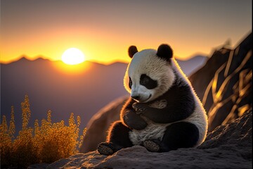 Wall Mural -  a panda bear sitting on a rock at sunset with the sun in the background and mountains in the distance, with a small plant in the foreground, and a small, with a. Generative AI