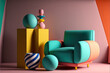 © Azar - Interior concept of memphis design colorful, Armchair with console and prop