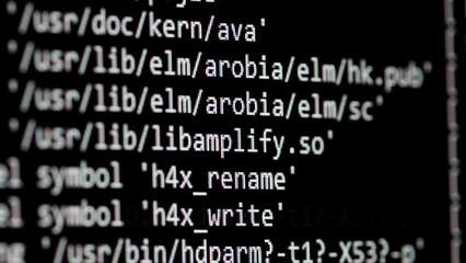 Digital code on monitor screen scrolling by a command line interface. Server log output. Coding digital activities