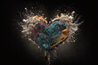 Paint Ink Explosion Heart in Water, Dark Black Background, Isolated, Copy Space, Social Media, Banner, Wallpaper, Generative AI