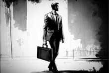  A Man In A Suit And Helmet Carrying A Briefcase And A Briefcase Bag Walking Down A Street In A City With Smoke Pouring From The Buildings Behind Him And A Man In A Suit And.  Ai