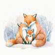  a watercolor painting of a fox and her cub in the snow with snow falling on the ground and trees in the background, with snow falling on the ground, and the ground, and the ground,. generative ai