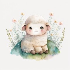Wall Mural -  a sheep sitting in the grass with flowers around it's head and eyes open, with a white background and a white background with a light blue border with a few pink flowers and a. generative ai