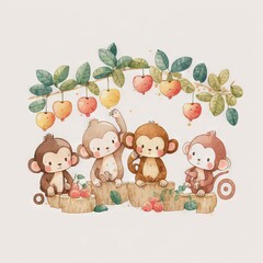 Wall Mural -  a group of monkeys sitting on top of a tree branch with apples hanging from it's branches and a monkey hanging from the branch with a monkey on it's head, and a. generative ai