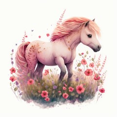 Poster -  a white horse with pink mane standing in a field of flowers and grass with a butterfly flying above it and a butterfly on its forehead, and a pink flower, and white background,. generative ai