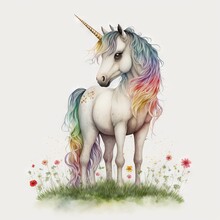  A Unicorn With A Rainbow Mane Standing In A Field Of Flowers And Daisies With A White Background And A White Background With A Pink And Yellow Border With A Red Flower Border And A. Generative Ai