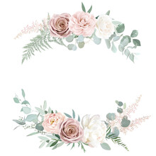 Silver Sage And Blush Pink Flowers Vector Round Frame. Creamy Beige And Dusty Rose, Ranunculus
